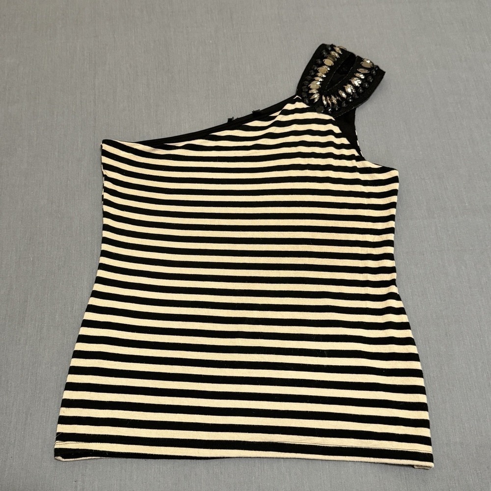 mCm Women's One Shoulder Y2K Sequin Striped Shirt Size XL Made‎ In USA Top